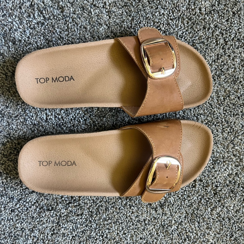 TOP Moda Tan Slide Sandals with Silver Buckle